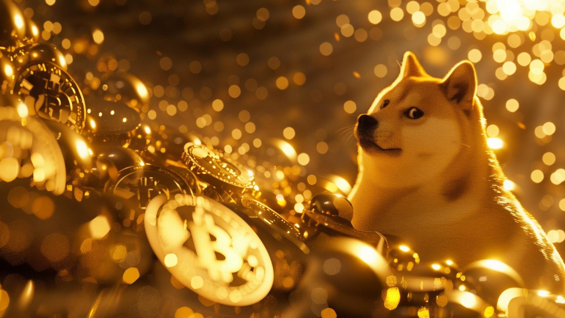 Doge Shiba surrounded by crypto coins on the blockchain